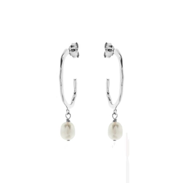 Hammered Hoop Earring with Freshwater Pearl - Sterling Silver