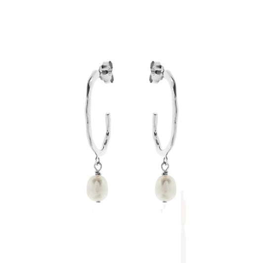 Hammered Hoop Earring with Freshwater Pearl - Sterling Silver