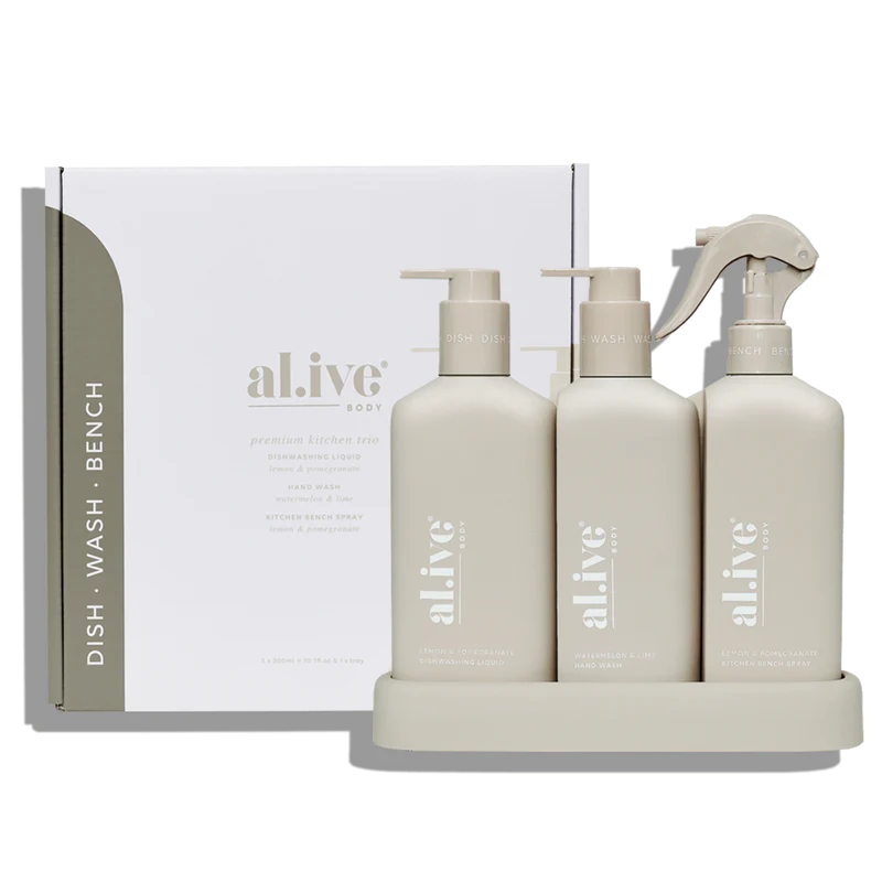 Al.ive Premium Kitchen Trio - Dishwashing Liquid, Hand Wash, Bench Spray & Tray