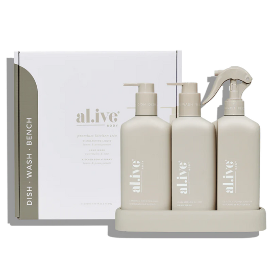 Al.ive Premium Kitchen Trio - Dishwashing Liquid, Hand Wash, Bench Spray & Tray